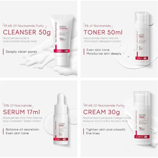 Laikou Pro Niacinamide Brightening Skincare Set-4 Pieces (Cleanser, Toner, Serum, Cream)